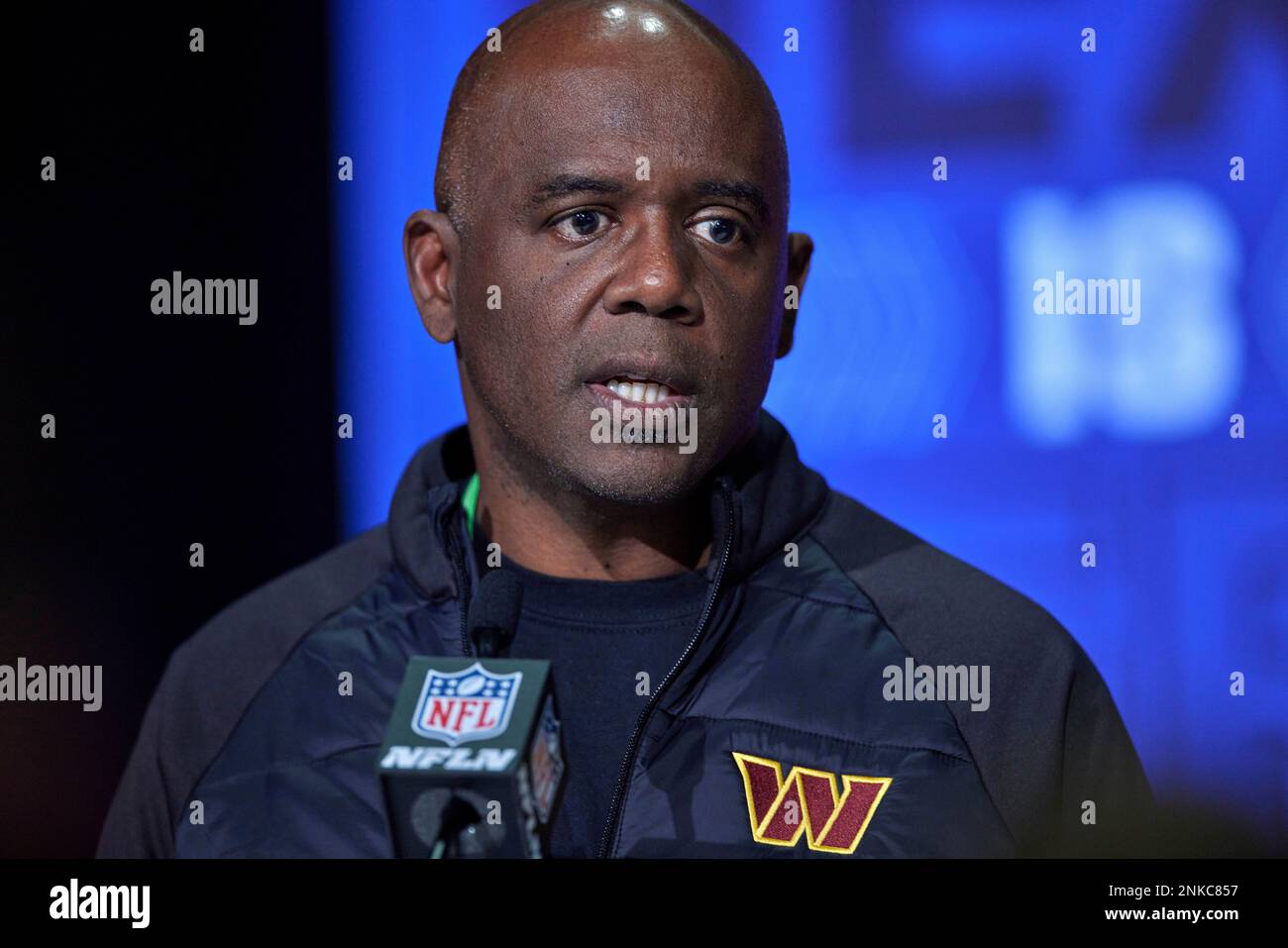 INDIANAPOLIS, IN - MARCH 02: Washington Commanders general manager Martin  Mayhew answers questions from the media during the NFL Scouting Combine on  March 2, 2022, at the Indiana Convention Center in Indianapolis,
