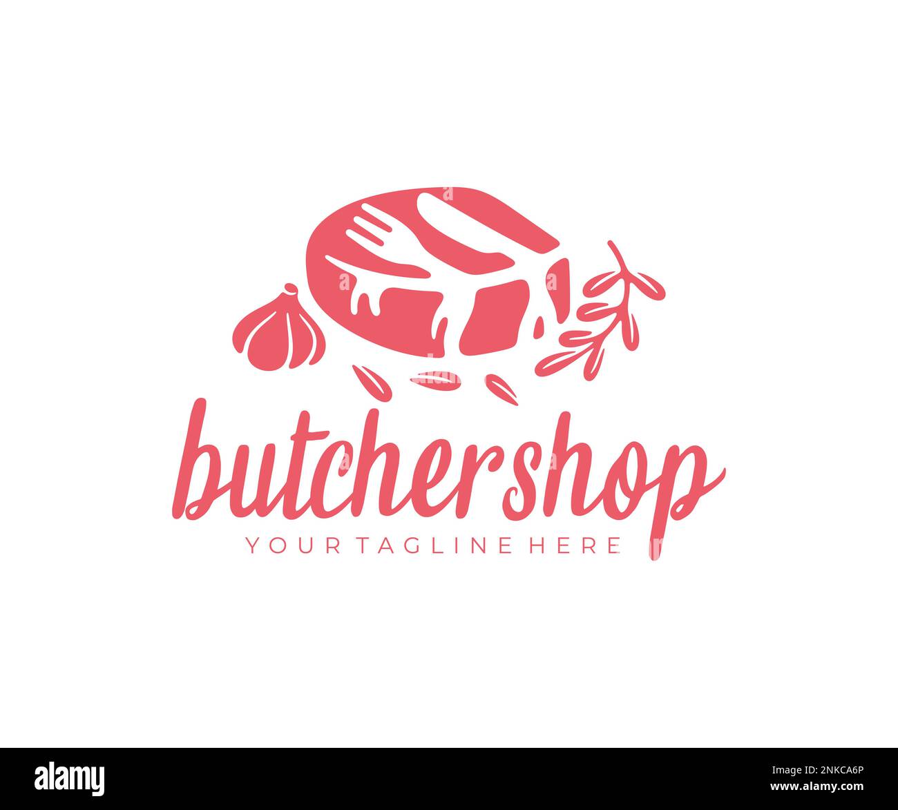 Steak, fork, knife, rosemary and garlic, logo design. Food, meal, meat