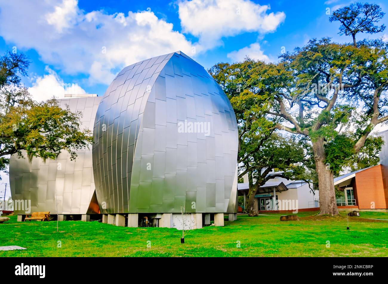 Four stainless steel pods designed by architect Frank Gehry are pictured at the Ohr-O’Keefe Museum of Art, Feb. 22, 2023, in Biloxi, Mississippi. Stock Photo