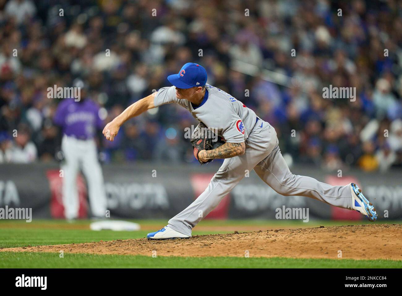 April 16 2022: Chicago pitcher Jesse Chavez (43) throws a pitch during the  game with Chicago Cubs and Colorado Rockies held at Coors Field in Denver  Co. David Seelig/Cal Sport Medi(Credit Image