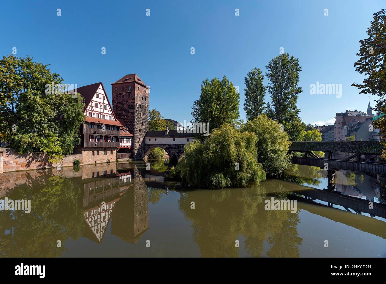 View of the former Weinstadel, water tower, Hangmans Bridge and the Hangmans Footbridge, Nuremberg, Middle Franconia, Bavaria, Germany Stock Photo