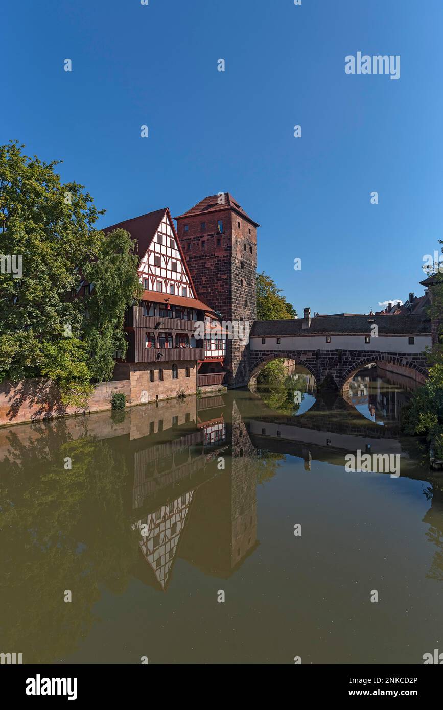 View of the former Weinstadel, water tower and Hangmans Bridge, Nuremberg, Middle Franconia, Bavaria, Germany Stock Photo