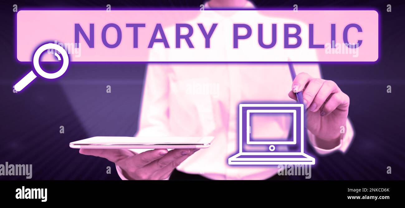 Sign displaying Notary Public. Business overview Legality Documentation ...