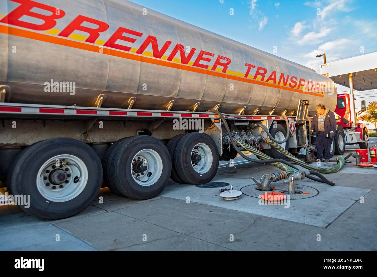Roseville, Michigan, A tanker truck delivers gasoline to a Costco gas station Stock Photo
