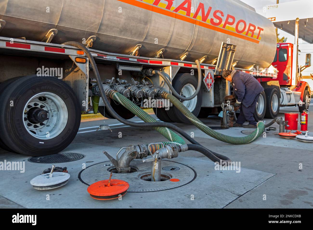 Roseville, Michigan, A tanker truck delivers gasoline to a Costco gas station Stock Photo