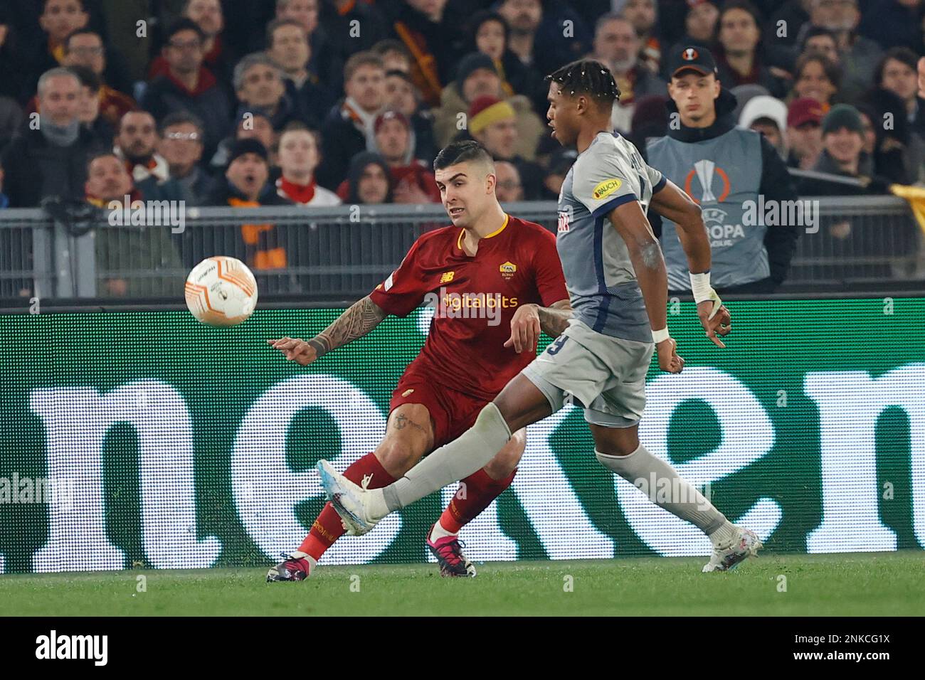 Rome, Italy. 23rd Feb, 2023. Roger Ibanez da Silva of AS Roma Junior Adamu of Salzburg during AS Roma vs RB Salzburg, football Europa League match in Rome, Italy, February 23 2023 Credit: Independent Photo Agency/Alamy Live News Stock Photo