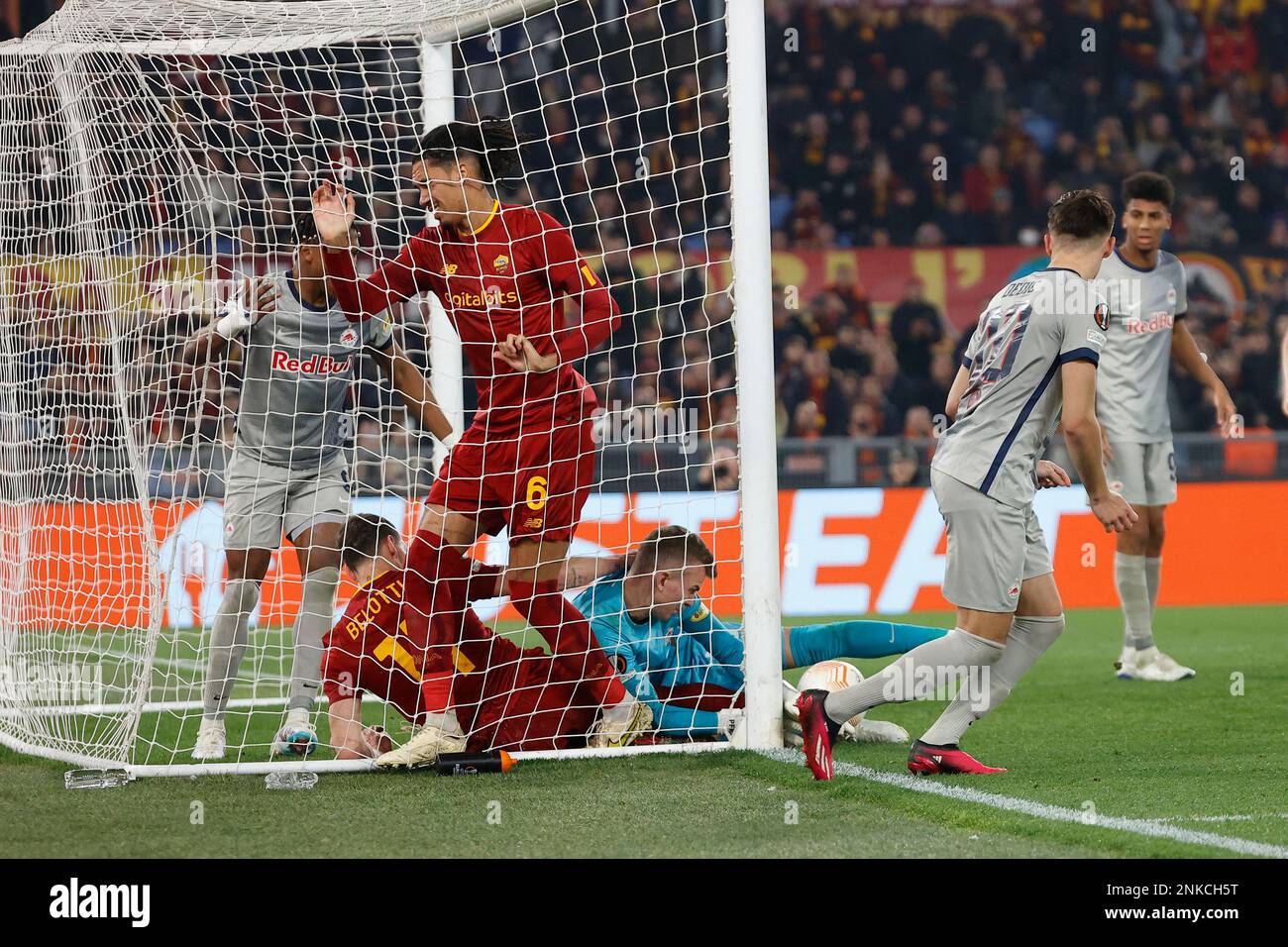 Rome, Italy. 23rd Feb, 2023. Philipp Kohn of Salzburg Andrea Bellotti of AS Roma Chris Smalling of AS Roma during AS Roma vs RB Salzburg, football Europa League match in Rome, Italy, February 23 2023 Credit: Independent Photo Agency/Alamy Live News Stock Photo