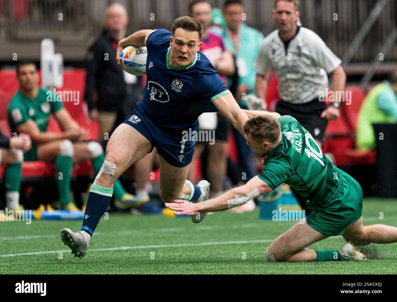 Scotlands Jordan Edmunds (1) tries to break free from Irelands Terry Kennedy during Canada Sevens rugby match in Vancouver, B.C., Saturday, April 16, 2022