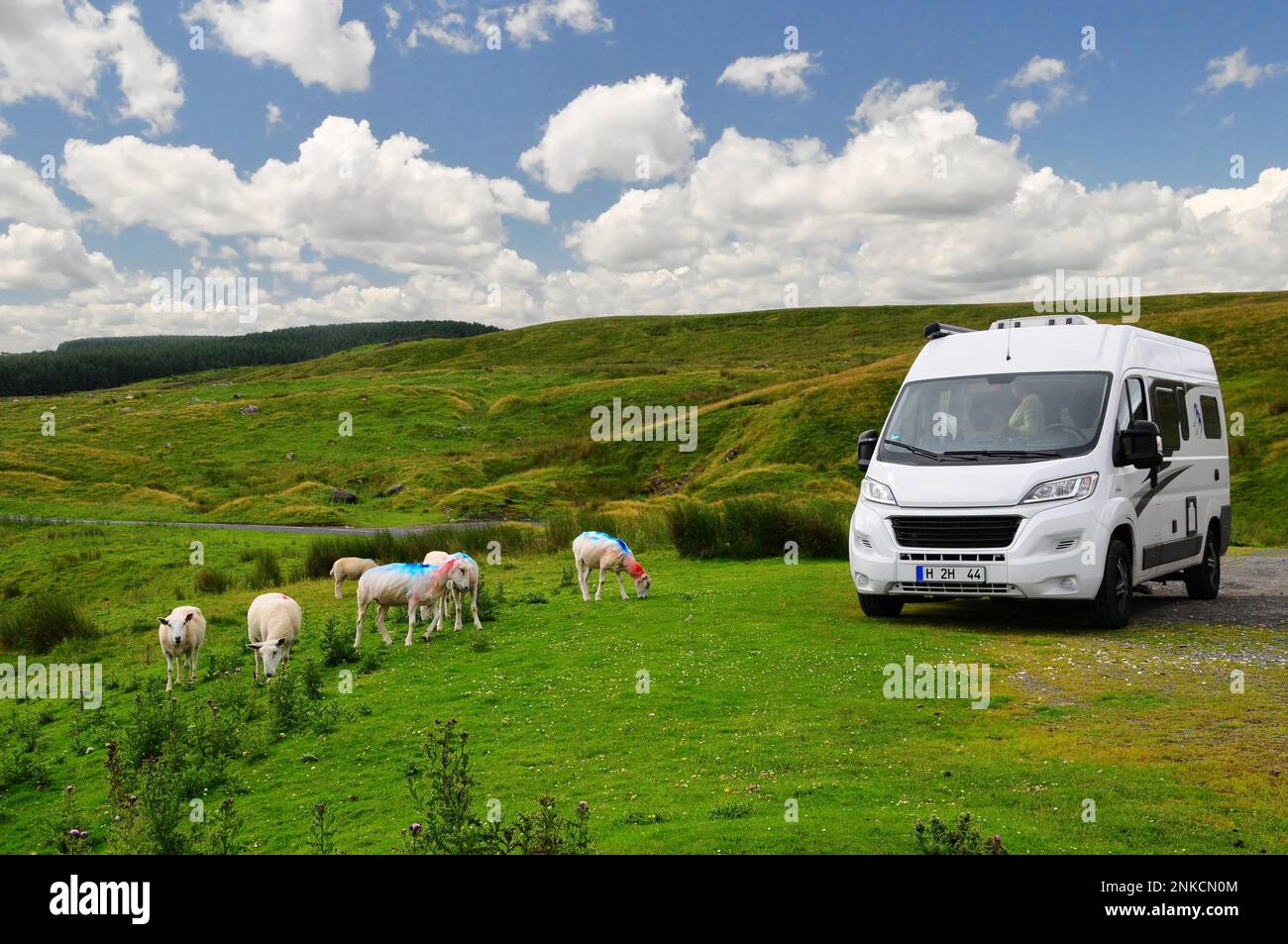 Camper van in a car park in the Yorkshire Dales, Yorkshire, England