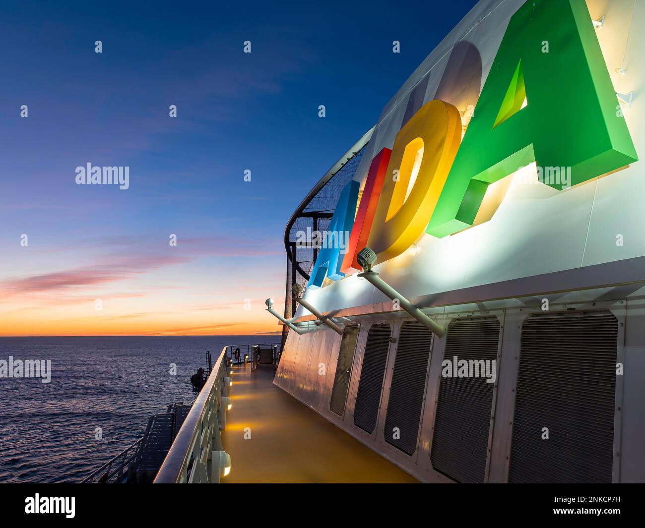 Cruise ship, AidaStella, AIDA Stella, upper deck, fitness area, jogging class, running lap, AIDA lettering, sunrise Stock Photo