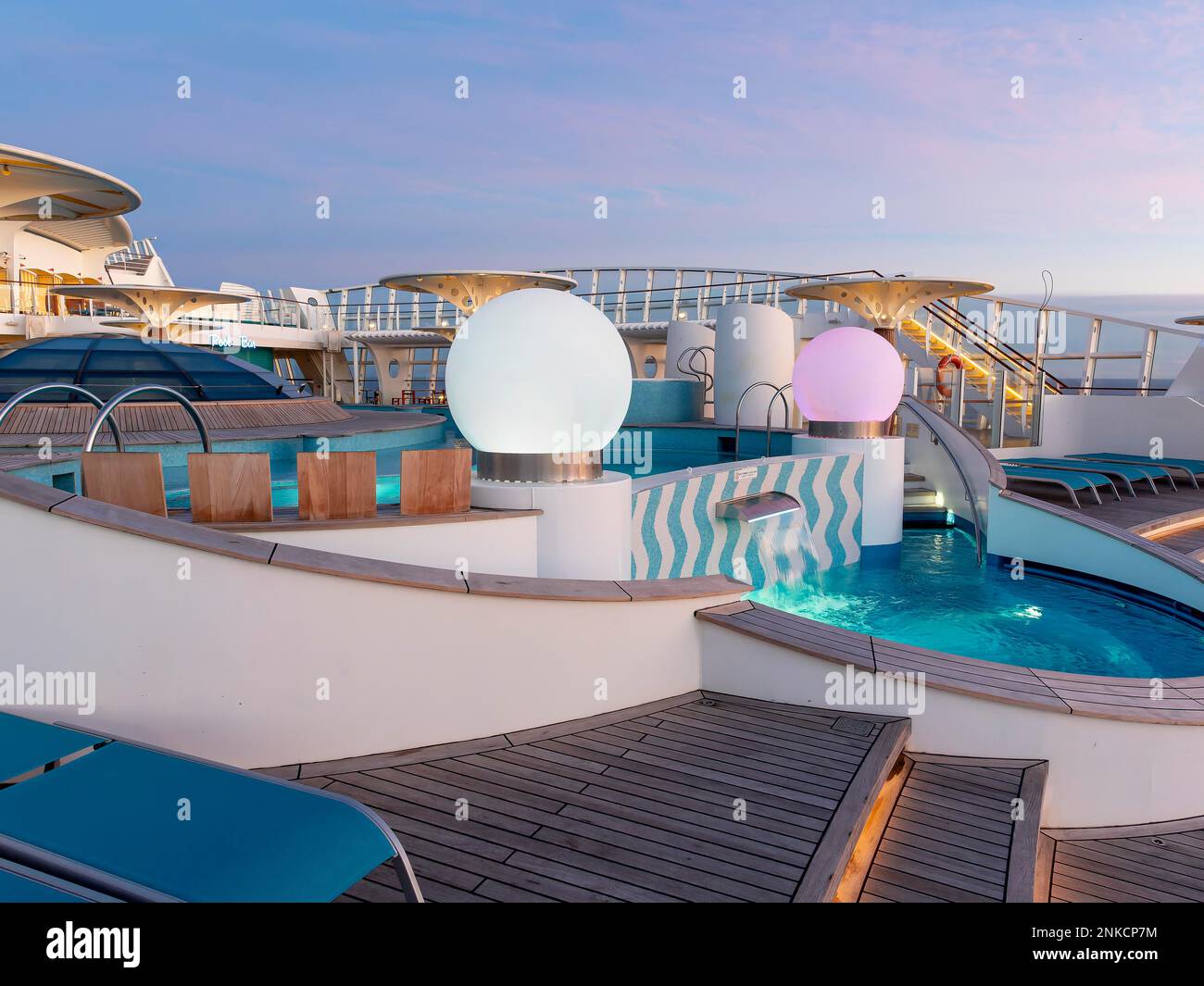 Cruise ship, AidaStella, AIDA Stella, upper deck, bathing area, sunrise Stock Photo