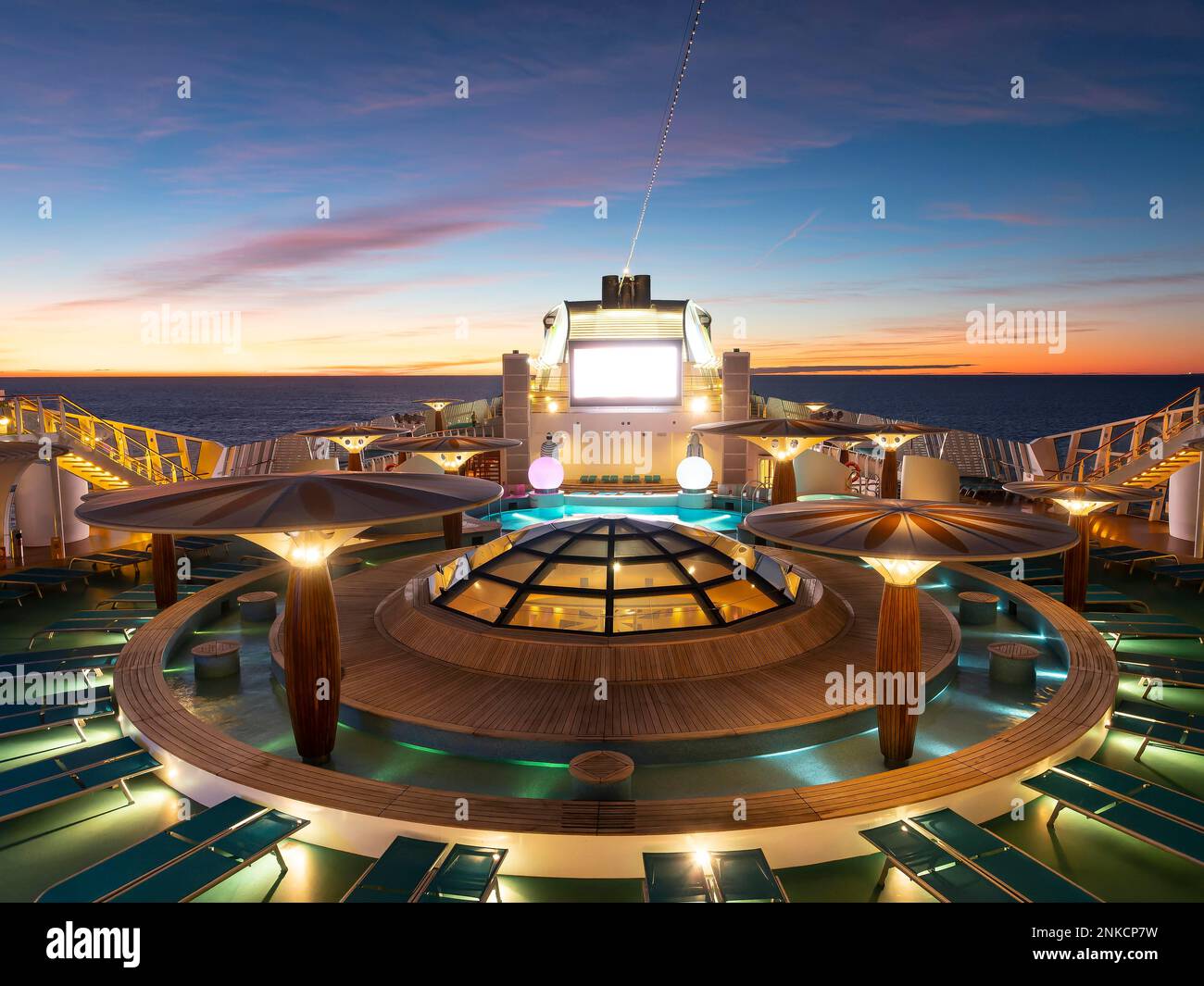 Cruise ship, AidaStella, AIDA Stella, upper deck, bathing area, sunrise Stock Photo