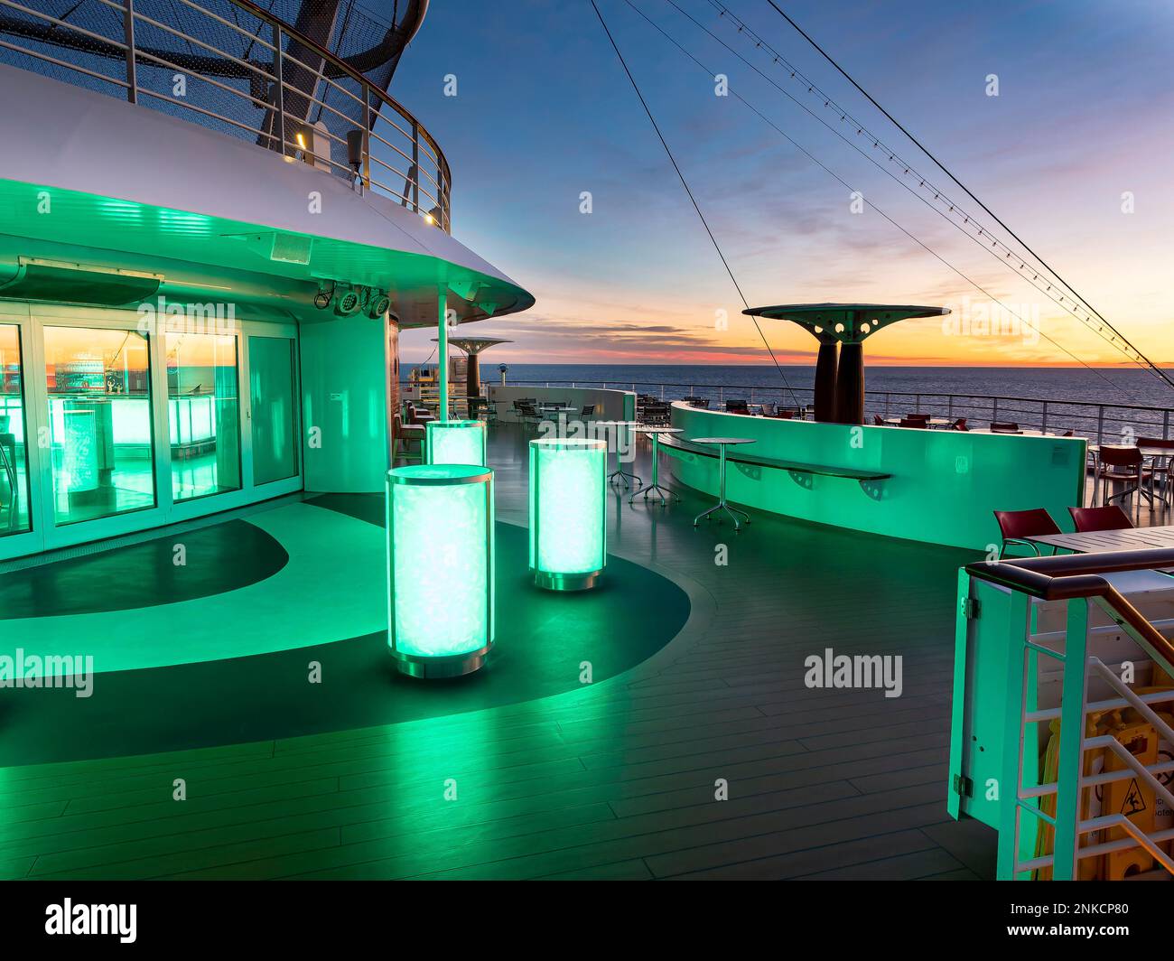 Cruise ship, AidaStella, AIDA Stella, upper deck, bar, sunrise Stock Photo