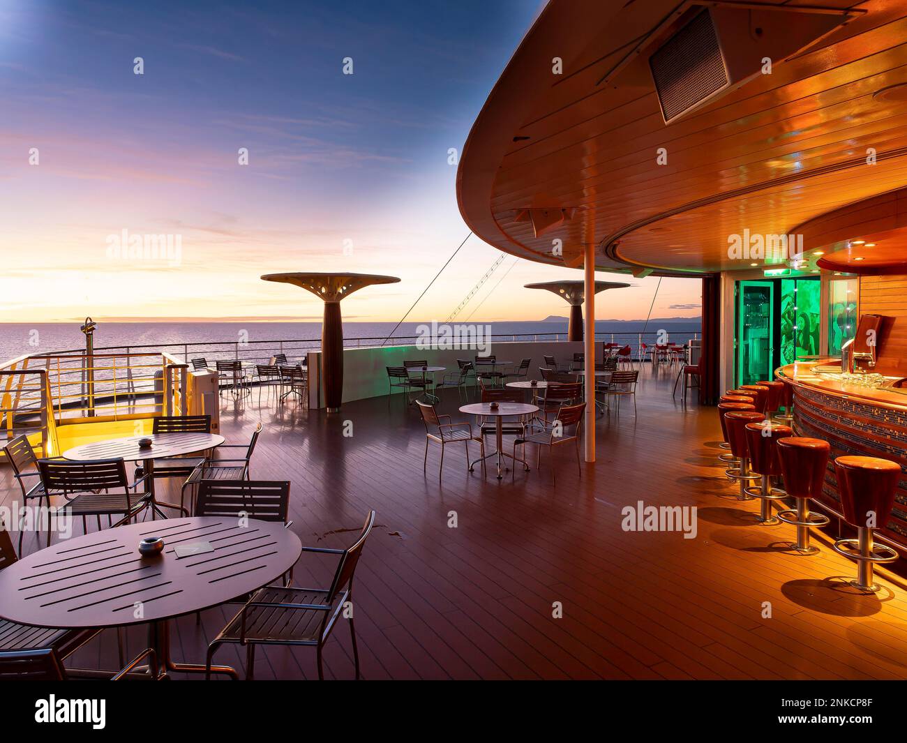 Cruise ship, AidaStella, AIDA Stella, upper deck, bar, sunrise Stock Photo