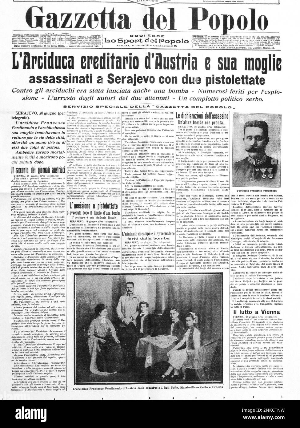 29 june 1914 , GAZZETTA DEL POPOLO , italian newspaper , ITALY :The Erzherzog ( Crown prince ) Archduke FRANZ FERDINAND ABSBURG Von Osterreich d' ESTE ( Graz 1863 - Sarajevo 28 june 1914 ) with wife SOPHIA CHOTEK von Chotkova und Wognin , Duckess of HOHENBERG ( 1868 - Sarajevo 28 june 1914 ) KILLED together IN SARAJEVO - WWI - WORLD WAR I - PRIMA GUERRA MONDIALE - Impero Austroungarico - ASBURGO - ABSBURGO - FRANCESCO FERDINANDO Arciduca d' AUSTRIA - quotidiano - giornale - FOTO STORICHE - HISTORY - reali - royalty - nobility - nobiltˆ - nobili - terrorism - terrorismo - assassinio - omicidio Stock Photo