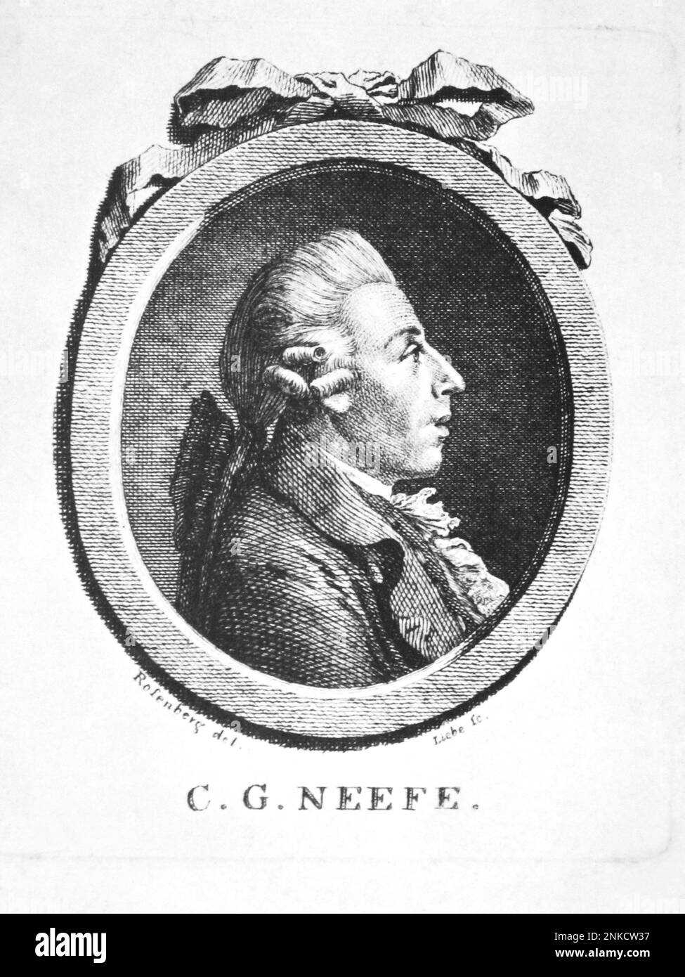 The german music composer and organ musician  CHRISTIAN GOTTLOB NEEFE ( 1748 - 1798 ) , friend and teacher in Lipsing for the young LUDWIG Van  BEETHOVEN . Engraved portrait from Rosenberg , Bonn , Beethoven Archive - MUSICA CLASSICA - COMPOSITORE - ritratto - incisione - profilo - profile - classical  ----   Archivio GBB Stock Photo