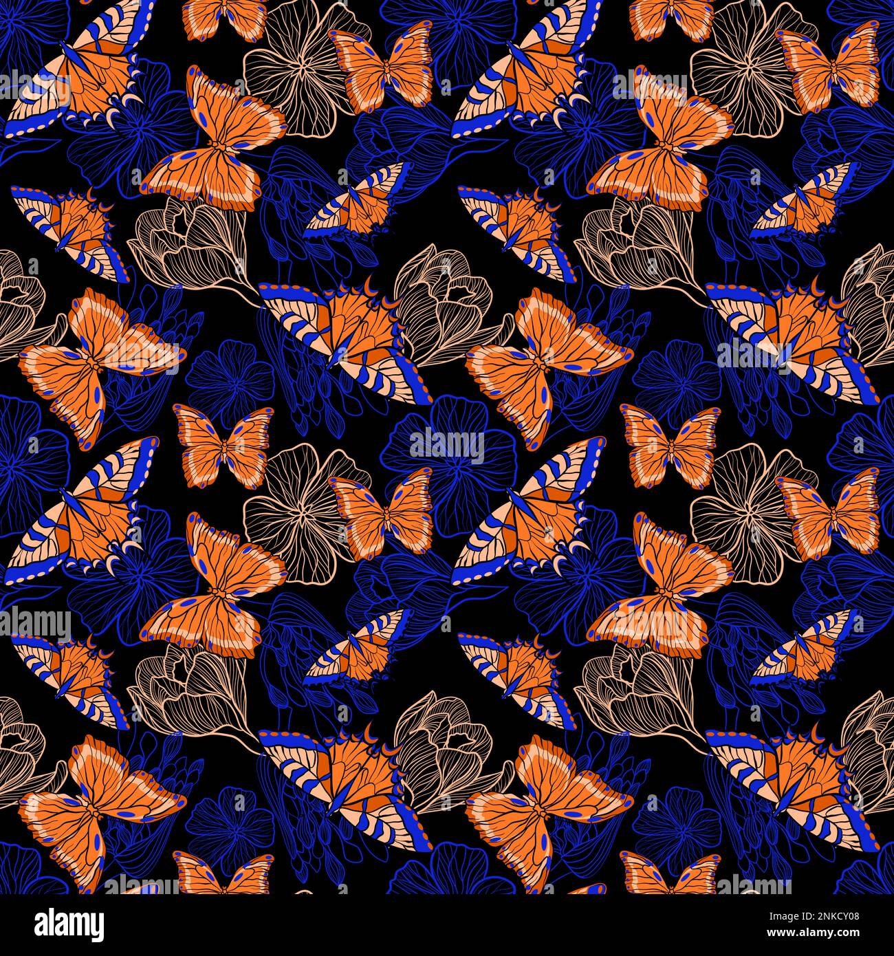 Seamless floral pattern with orange butterflies and blue flowers in doodle technique vector illustration Stock Vector