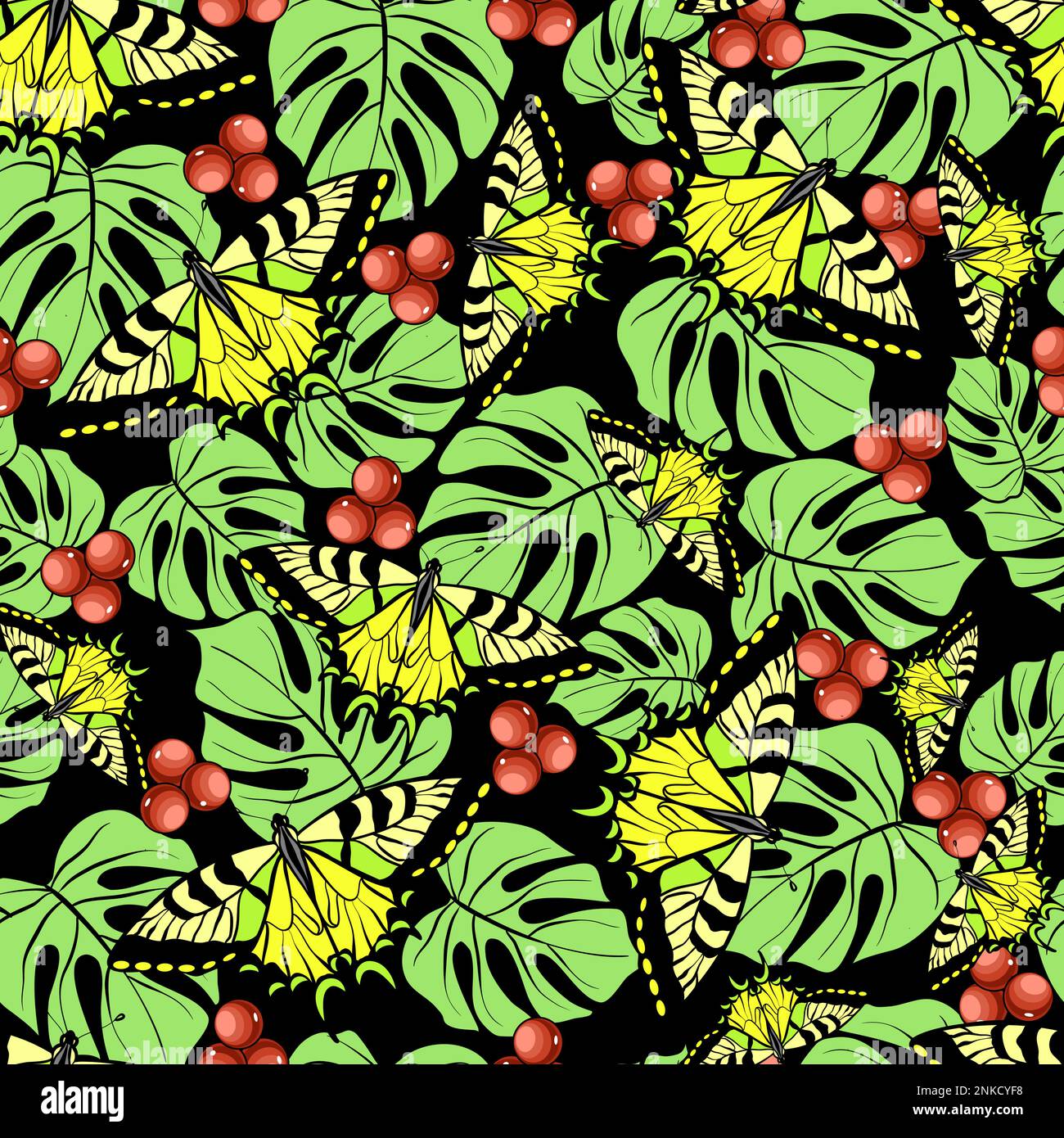 Seamless floral pattern with tiger swallowtail butterflies and monstera leaves with holly berries vector illustration Stock Vector