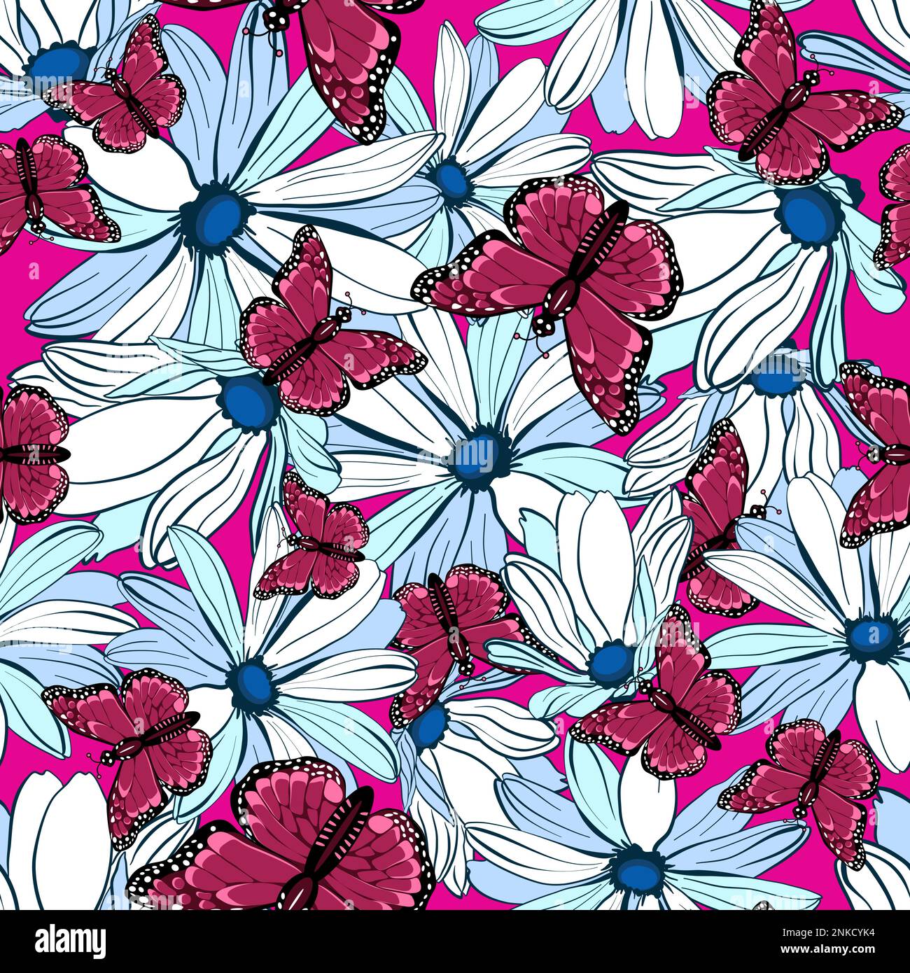Seamless floral pattern with magenta monarch butterflies in daisy flowers vector illustration Stock Vector