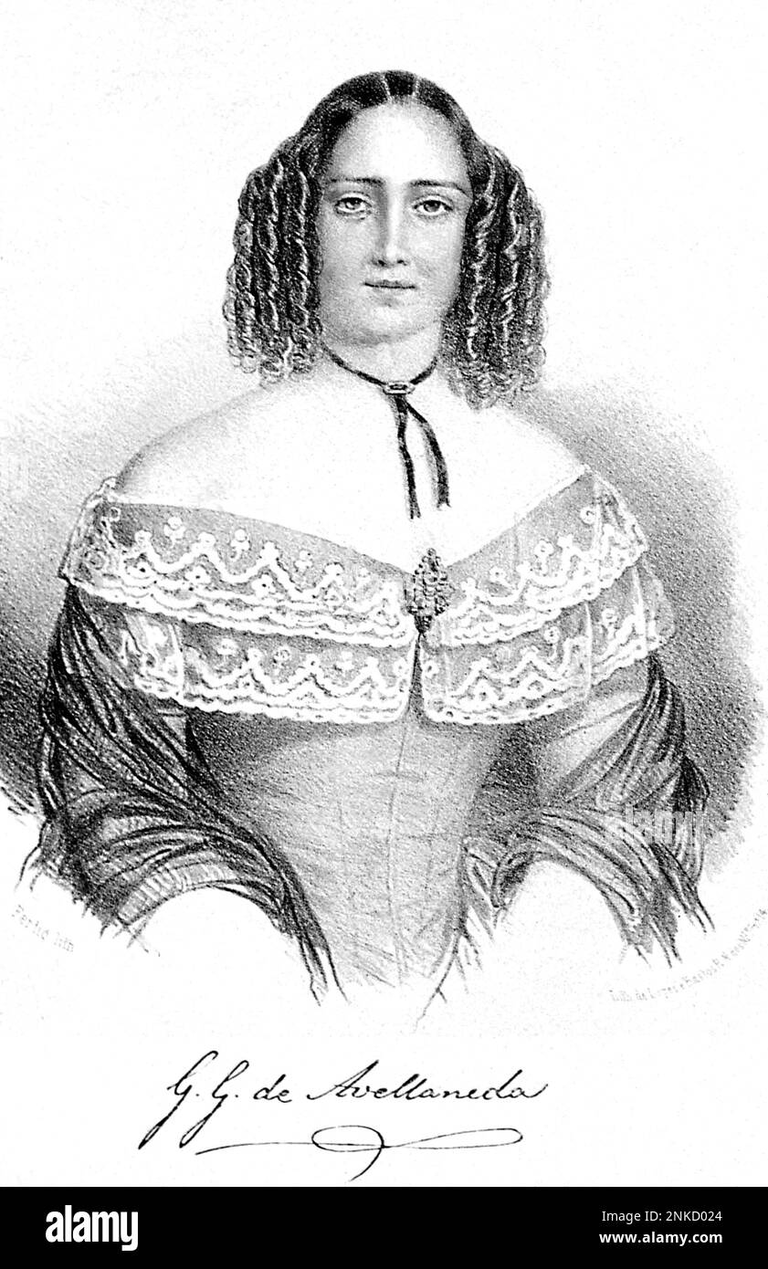 1888 , CUBA : Portrait of cuban woman writer , poet and novelist  GERTRUDIS GOMEZ DE AVELLANEDA ( 1814 - 1873 ). She inspired men and women alike with her stories of love, feminism and a changing world. The most controversial and the first novel she wrote ' Sab ' was published in 1841. This novel can be compared to Uncle Tom's Cabin in that both novels are literary protests against the practice of slavery .- LETTERATO - SCRITTORE - LETTERATURA - Literature - PORTRAIT - RITRATTO - engraving - incisione - anti schiavista schiavismo  - poetessa - POETA - POETRY - POESIA  ---  Archivio GBB Stock Photo