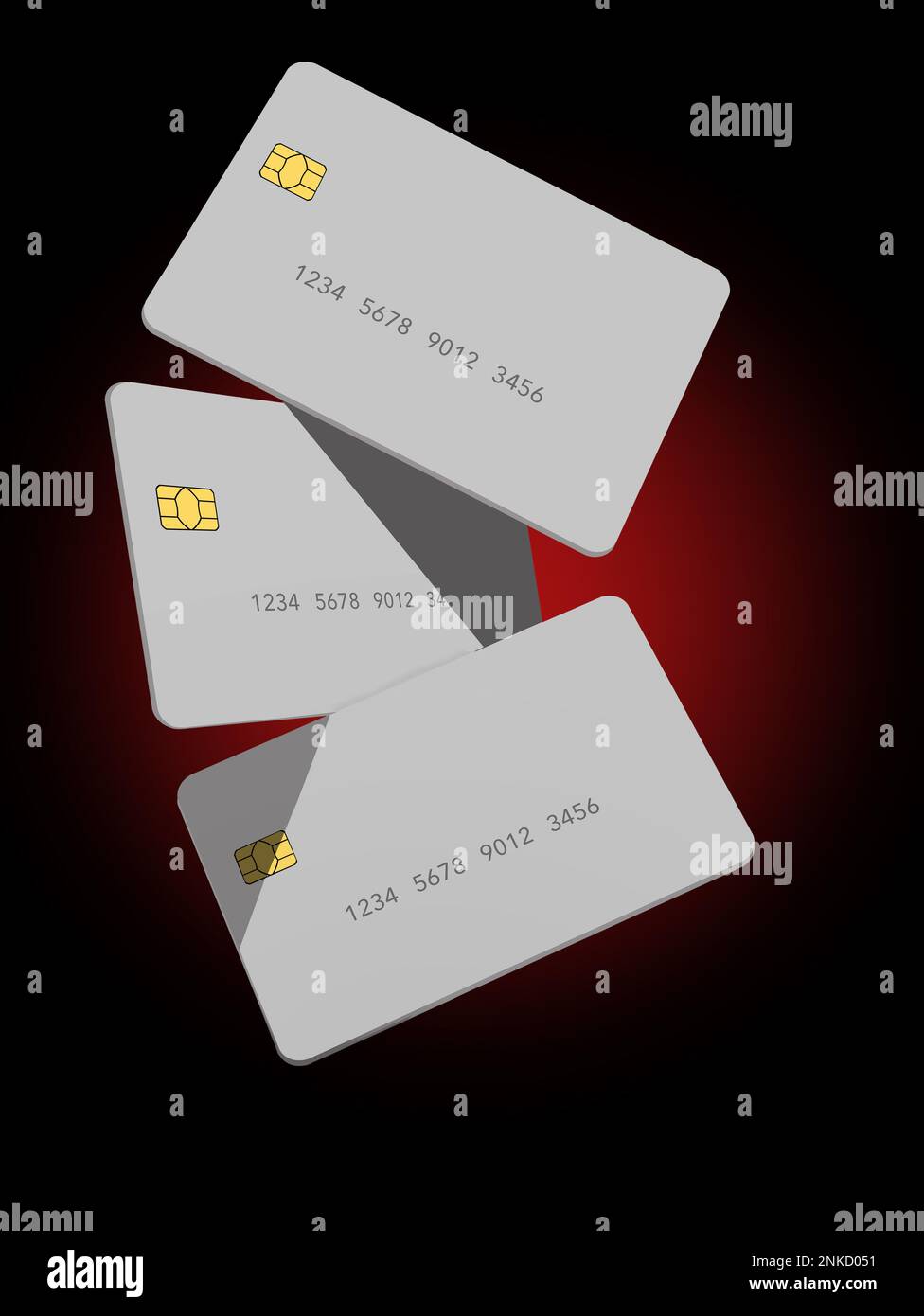 Three generic mock credit cards with text area are seen isolated on a ...