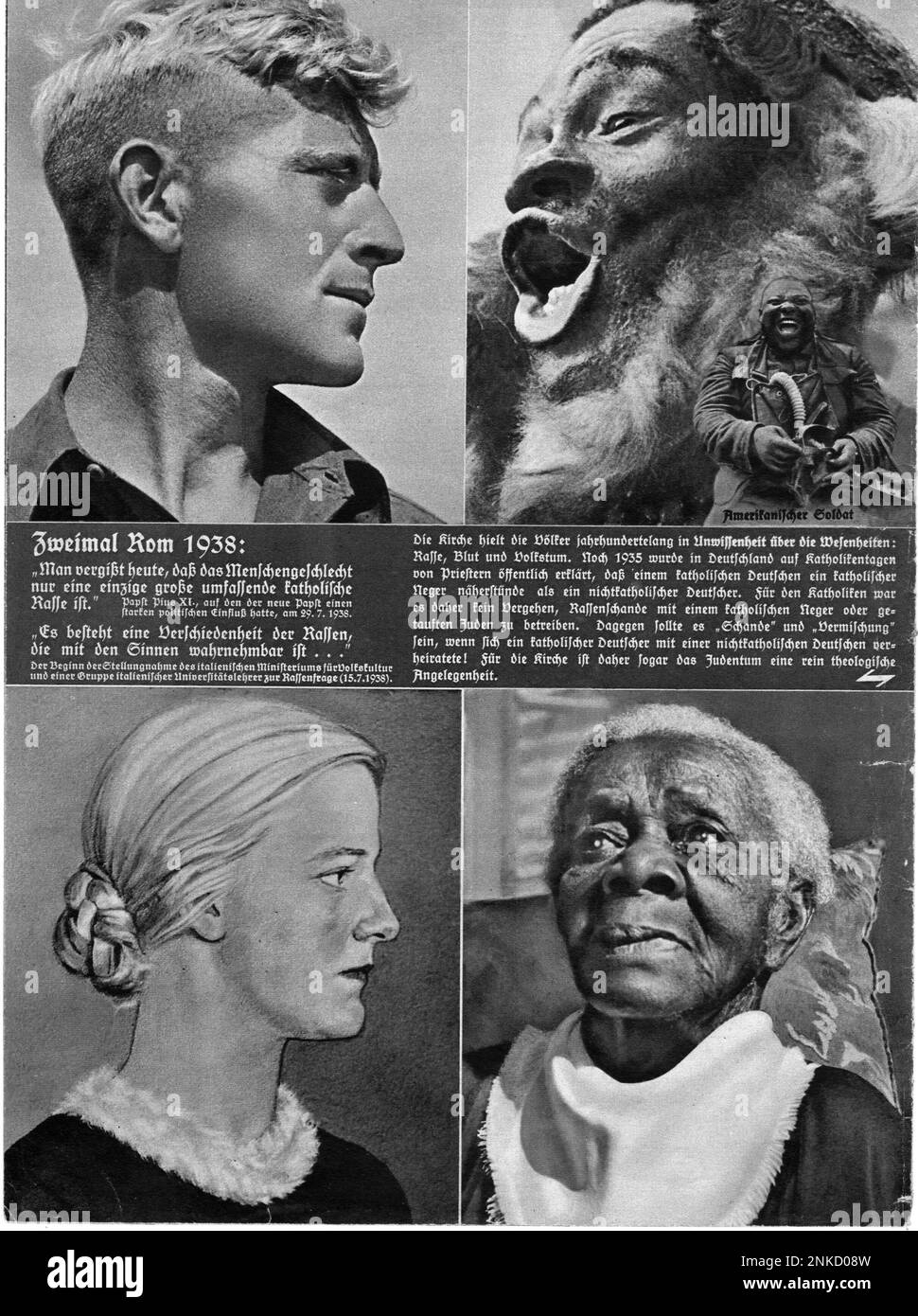 A Nazi propaganda poster showing the difference between Aryan Germans and non-Aryan black people. Stock Photo