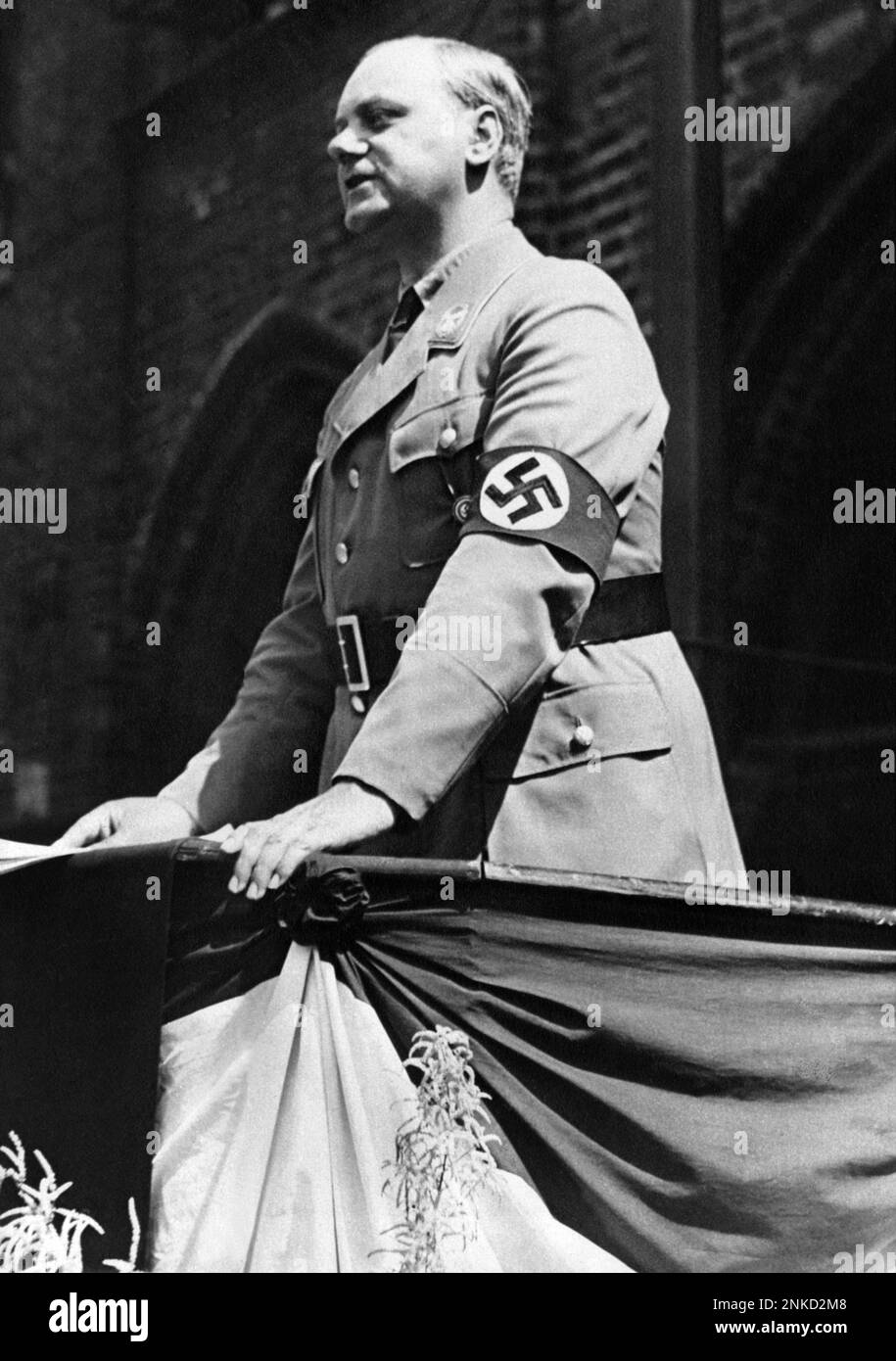 1935 ca , GERMANY  : The german Nazi ALFRED ROSENBERG ( 1893 - 1946 ) .Was an early and intellectually influential member of the Nazi Party . He is considered one of the main authors of key Nazi ideological creeds  including its racial theory, persecution of the Jews , Lebensraum, abrogation of the Treaty of Versailles and opposition to ' degenerate ' modern Art . He is also known for his rejection of Christianity .  At Nuremberg he was tried,  sentenced to death and executed by hanging as a war criminal - WWII - NAZI - NAZIST - SECONDA GUERRA MONDIALE - NAZISMO - NAZISTA  - POLITICA - POLITIC Stock Photo