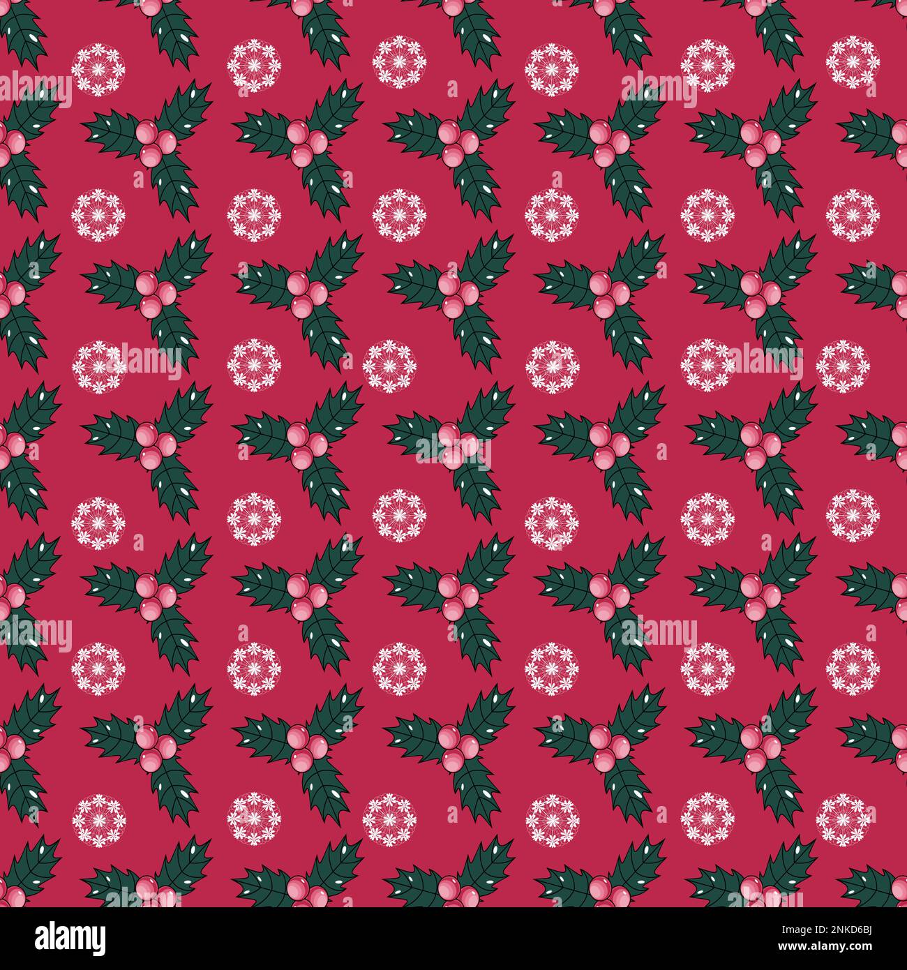 Seamless holiday pattern with snowflakes and holly berries on magenta background vector illustration Stock Vector