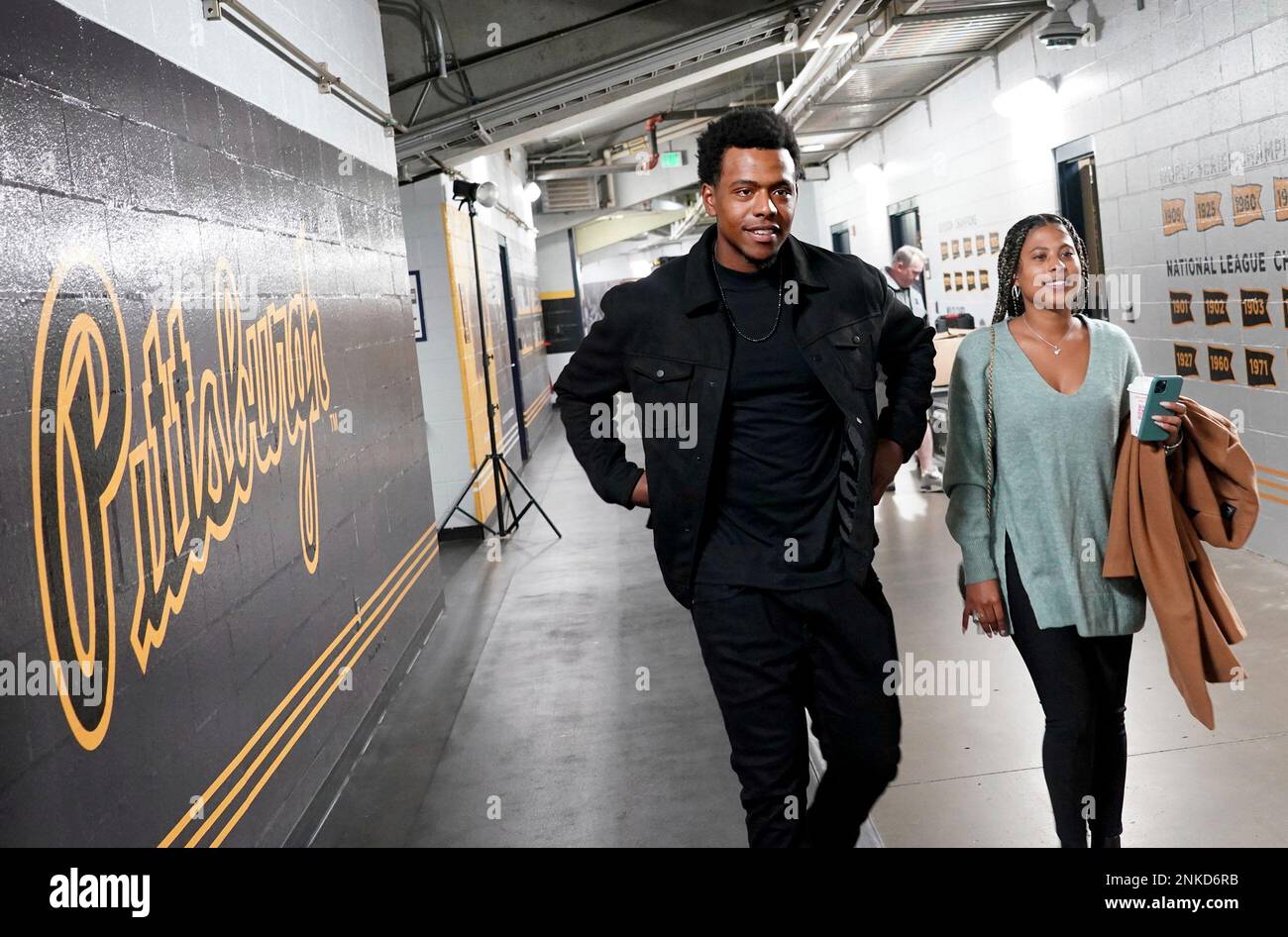 Pirates third baseman Ke'Bryan Hayes walk to the clubhouse with his girlfriend, Chanice Betances
