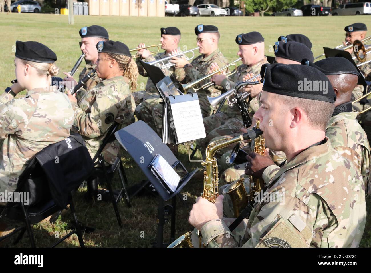 The 208th Army Band provided music and ceremonial cues to the festivities at the U.S. Army Civil Affairs and Psychological Operations Command (AIRBORNE) joint Change of Command, Change of Responsibility, Retirement Ceremony held at Ft. Bragg, NC., August 13, 2022. Stock Photo