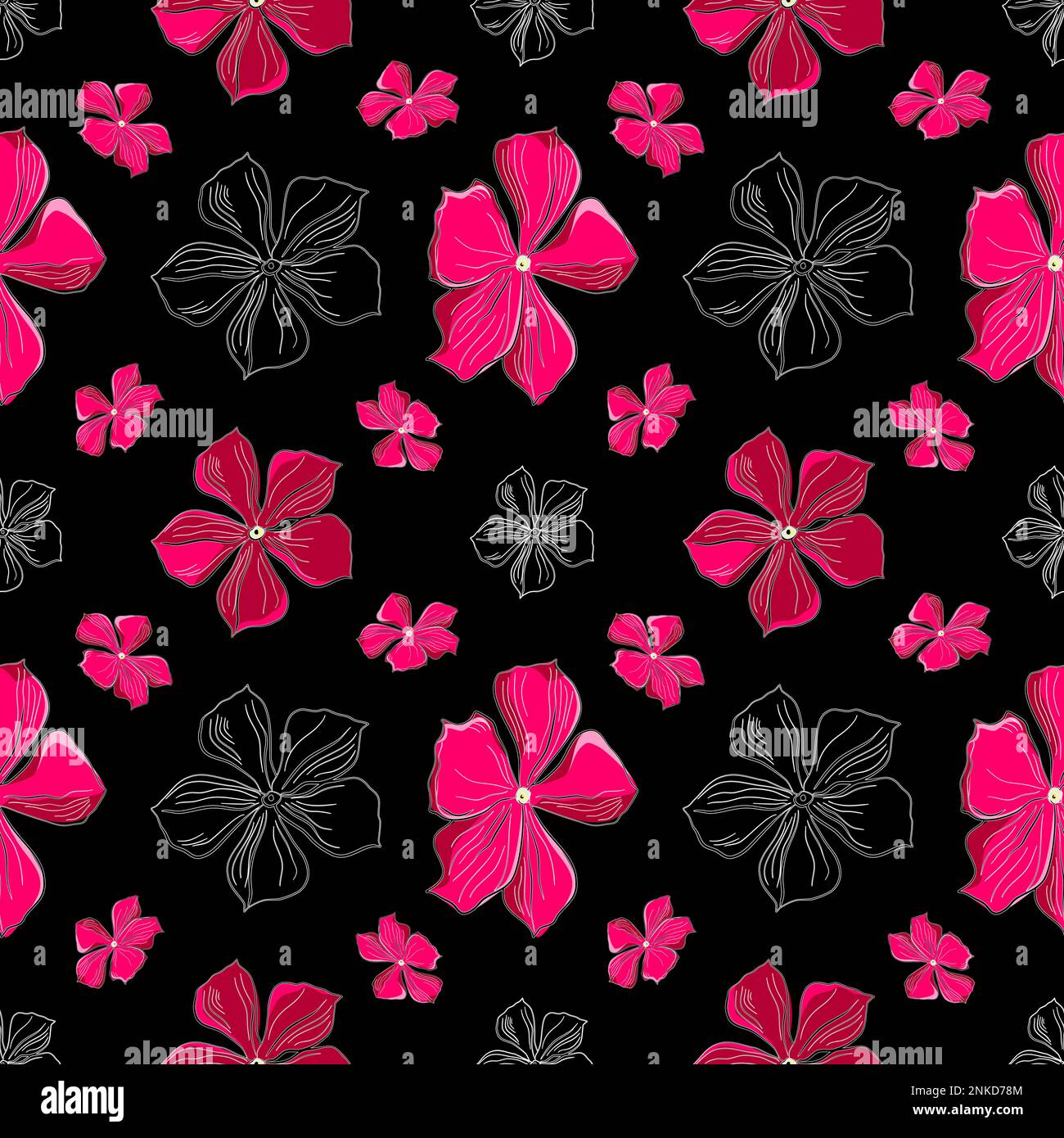 Seamless vector floral pattern with pink flowers in doodle technique on ...
