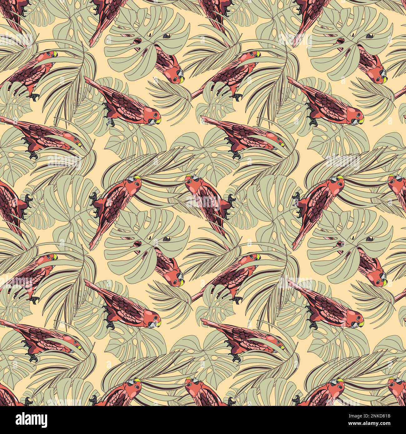 Parrots in tropical leaves seamless botanical pattern vector illustration Stock Vector