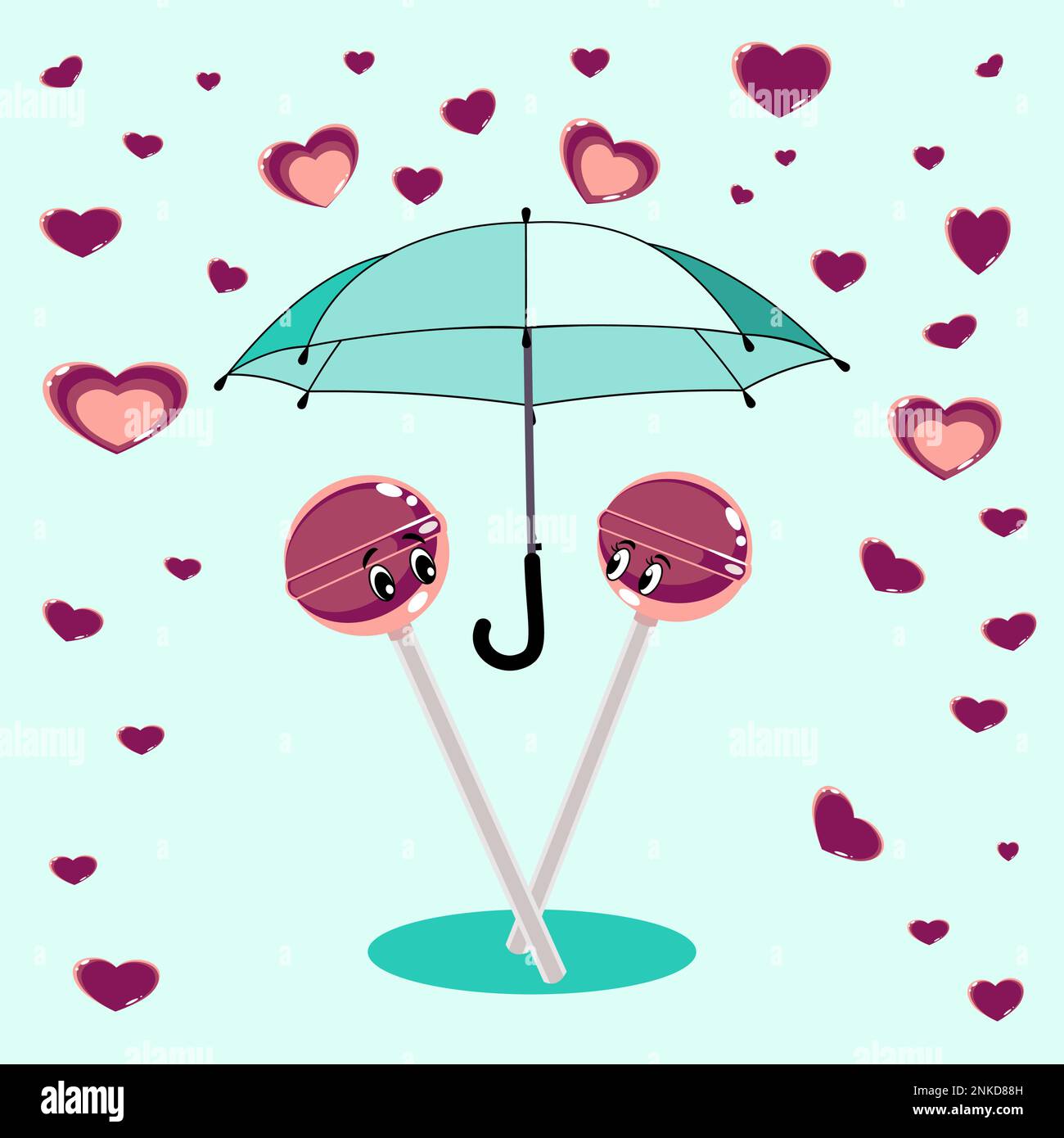 A couple of lollipops under umbrella and rain hearts vector