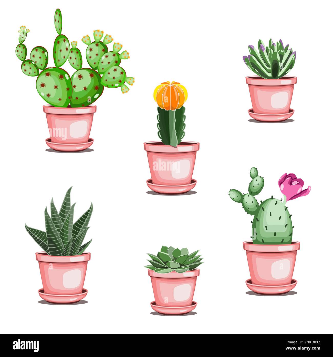 Set of cactuses and succulents in ceramic pots in flat technique vector illustration Stock Vector