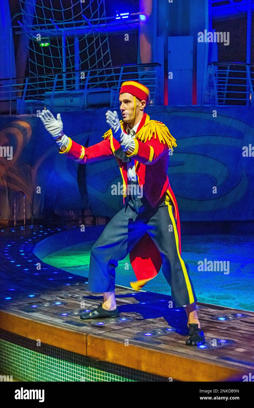 A clown/mime on board entertainer, Allure of the Seas. Royal Caribbean cruise line. Stock Photo