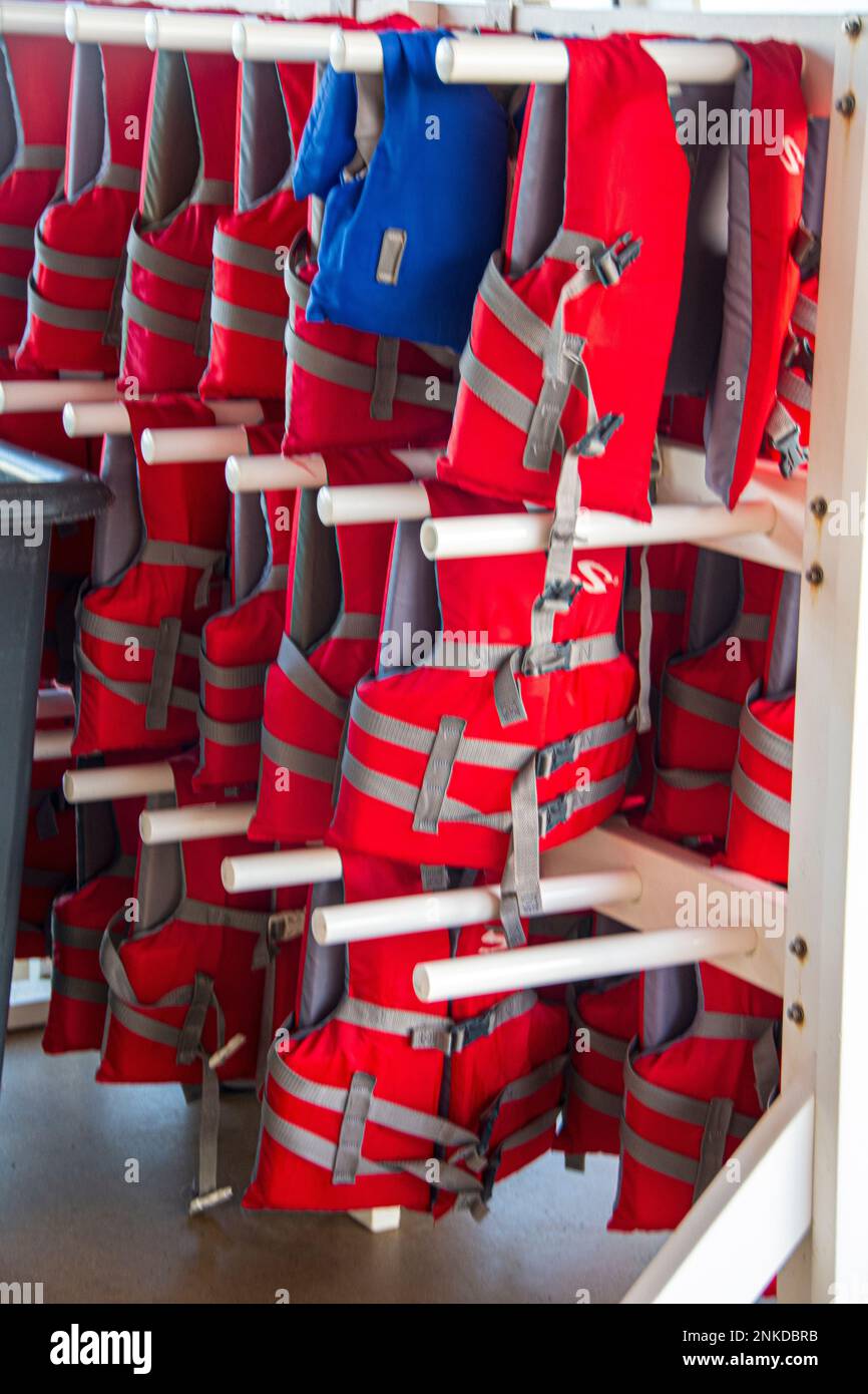 Life vests about the Allure of the Sea, Royal Caribbean cruise lines. Stock Photo
