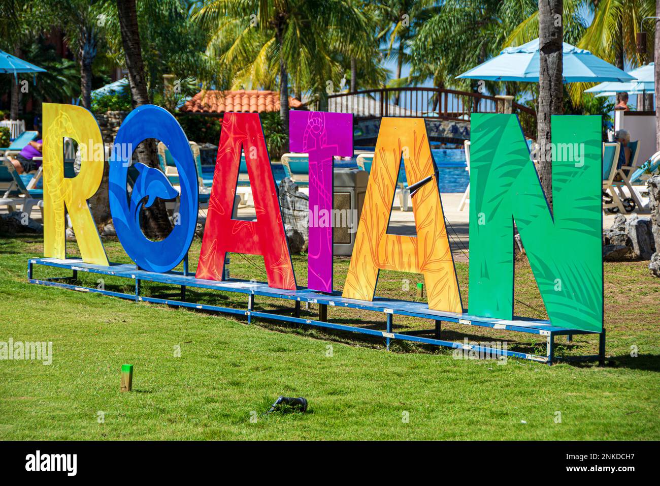 A sign announcing the arrival to Roatan, Roatan, Honduras. Stock Photo