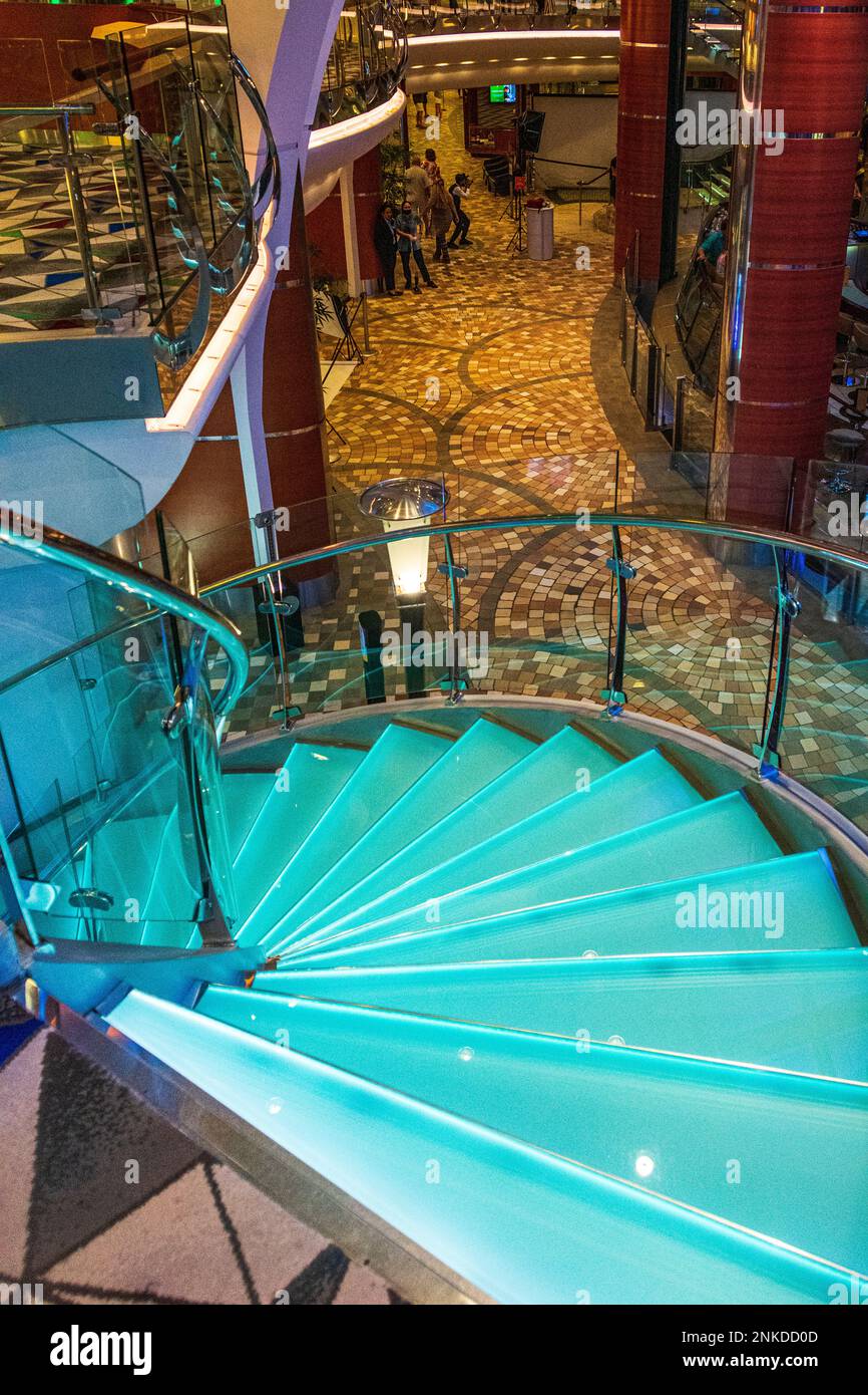 Turquoise staircase, Allure of the Seas, Royal Caribbean cruise lines. Stock Photo