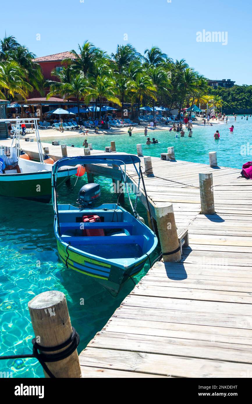 Pleasure boats docked on a pier, Roatan, Honduras Stock Photo Alamy