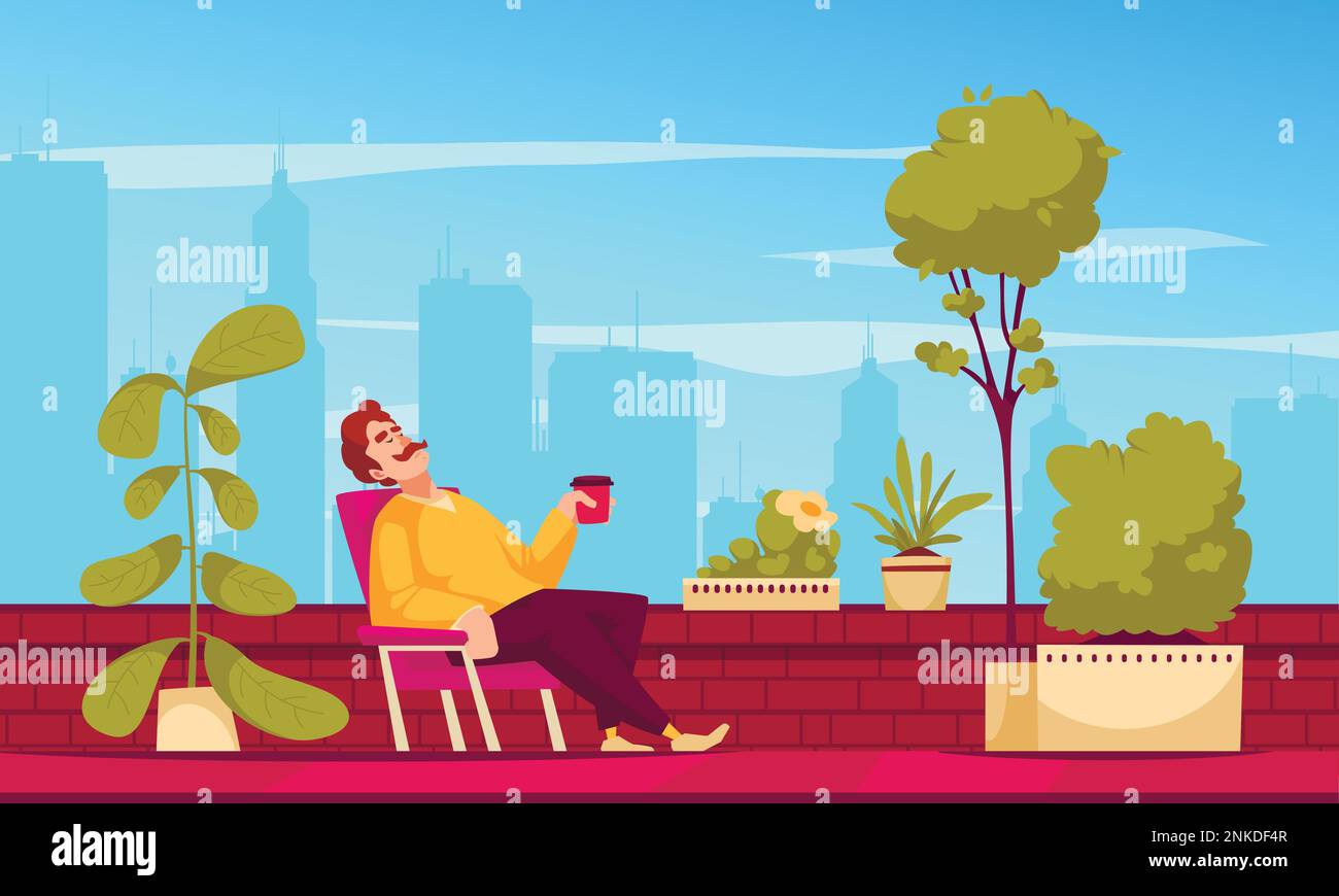 Urban gardening concept with man relaxing on rooftop with growing ...