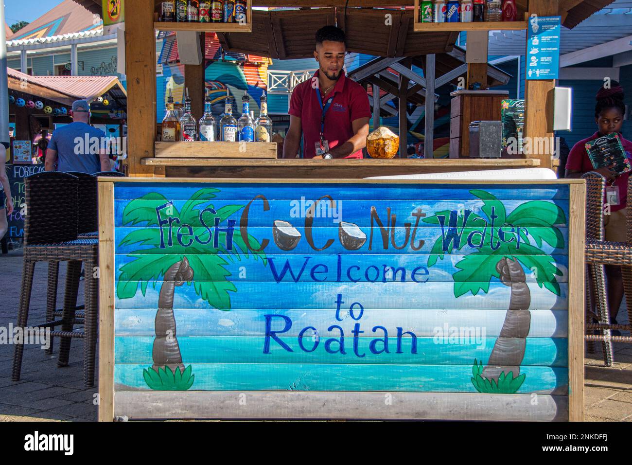 A combination bar and welcome booth, Roatan, Honduras. Stock Photo