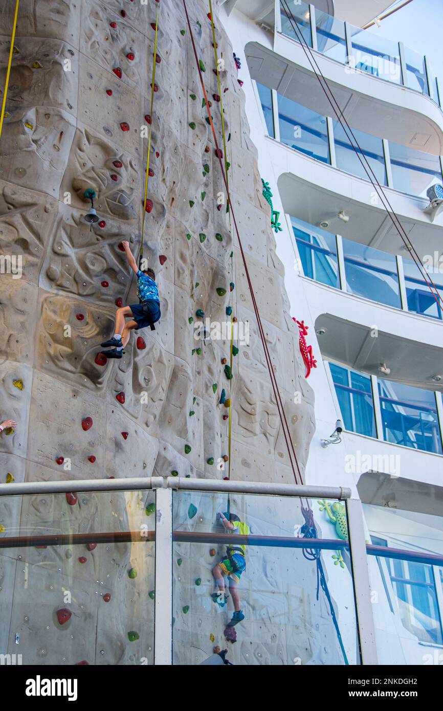 Rock climbers on the Allure of the Seas, Royal Caribbean cruise lines. Stock Photo