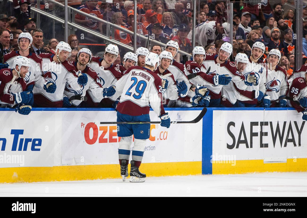 Colorado Avalanche' Nathan MacKinnon (29) celebrates his goal against