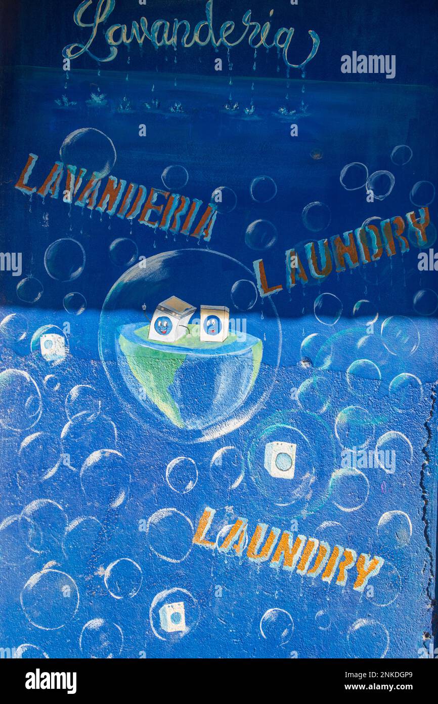 A sign in Spanish when translated to English means laundromat  Roatan, Honduras. Stock Photo