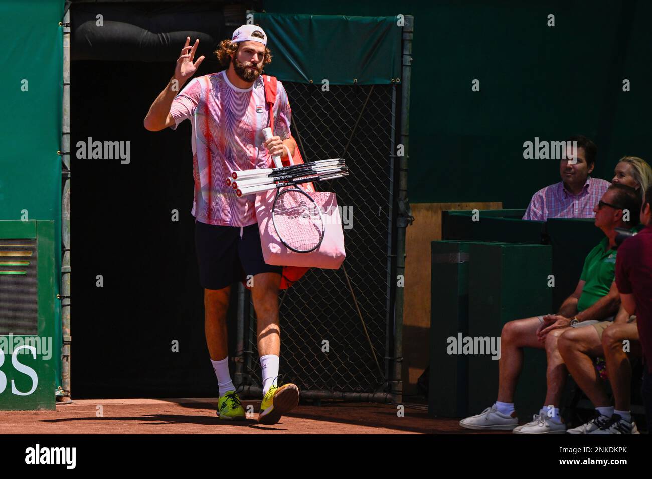 HOUSTON, TX - APRIL 09: Reilly Opelka (USA) enters the court before the US  Clay Court Championships semifinal singles match at River Oaks Country Club  on April 9, 2022 in Houston, TX. (