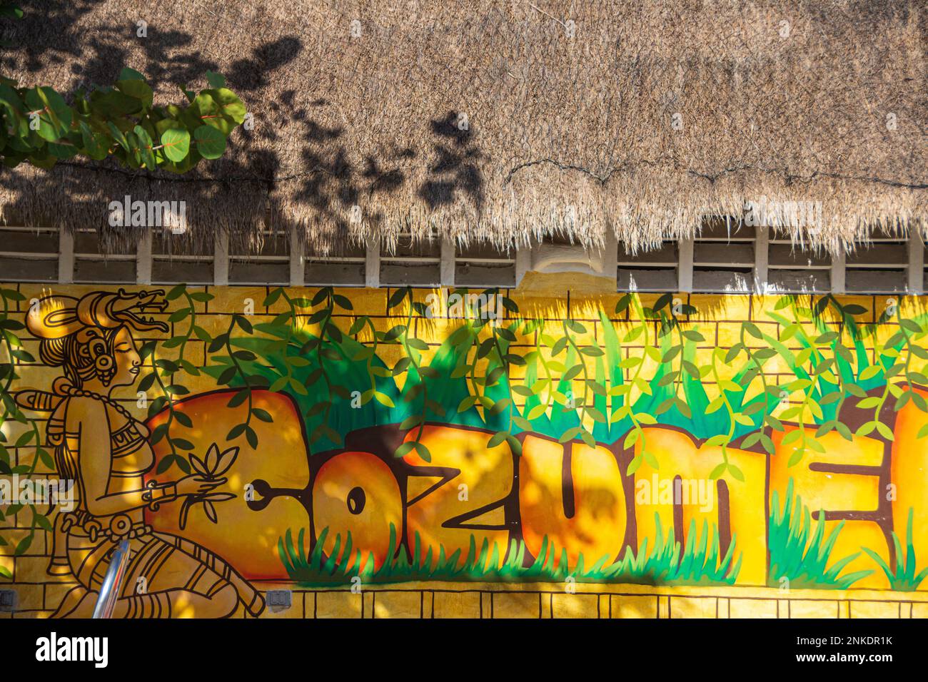 The word 'Cozumel' painted on a restaurant, Cozumel, Mexico. Stock Photo