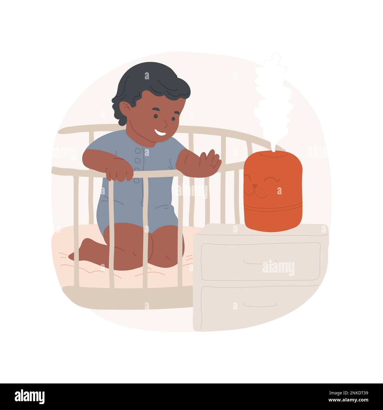 Humidifier isolated cartoon vector illustration. Little baby looks at nighttime humidifier, healthy moisture in the room, kids bedtime, sleep hygiene, happy childhood, nursery vector cartoon. Stock Vector