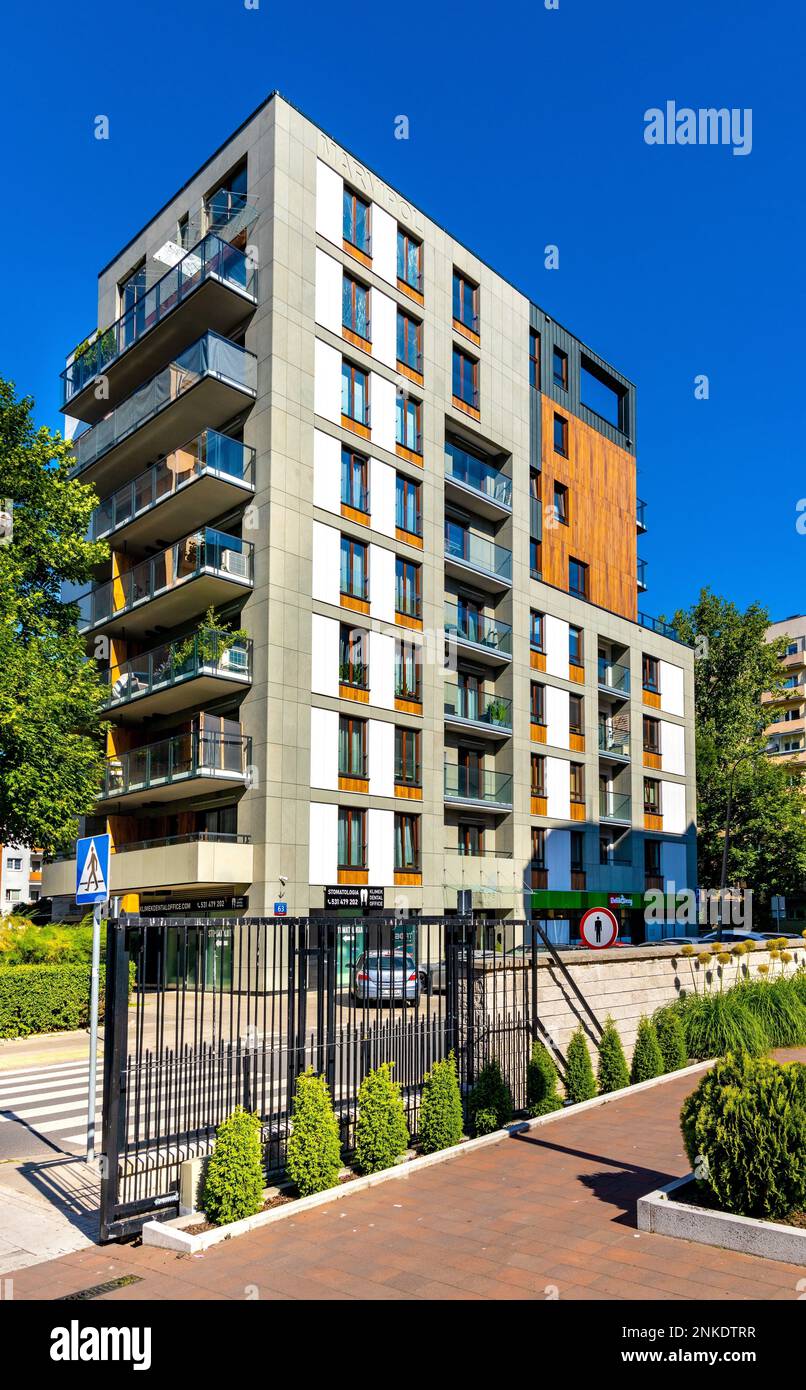 Warsaw, Poland - June 26, 2022: Cascade Residence modernistic residential building at Modzelewskiego street in Mokotow district of Warsaw Stock Photo