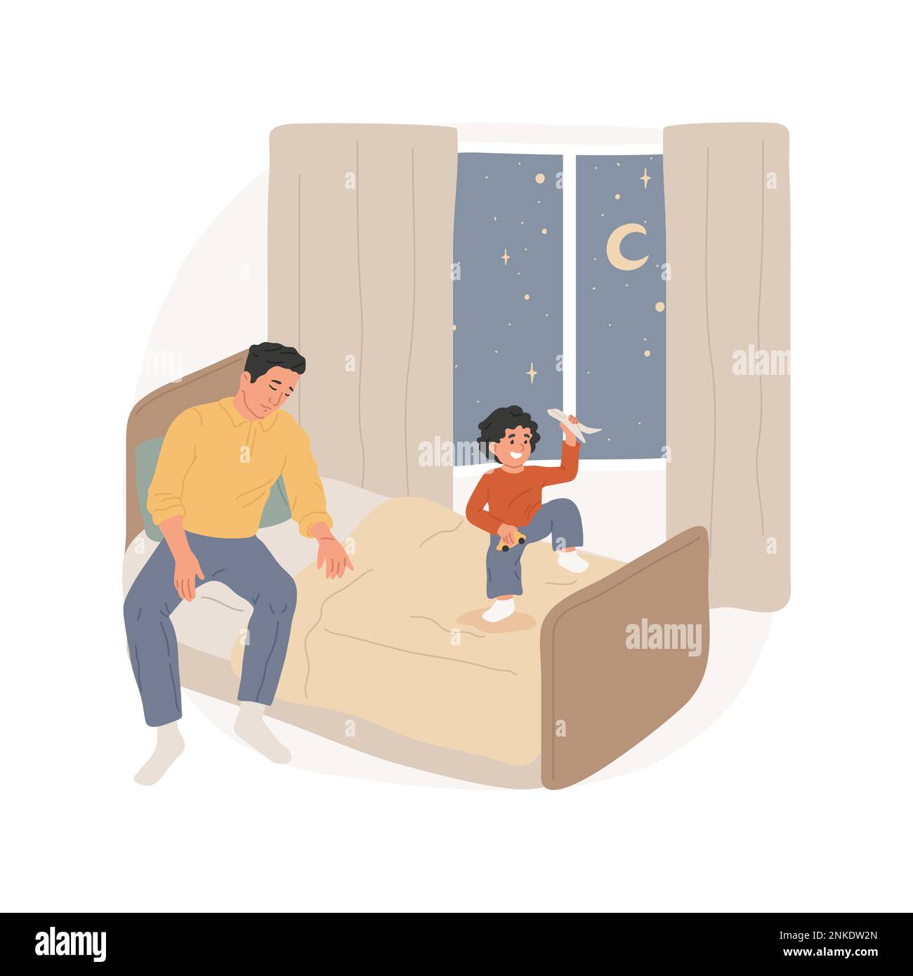 Bedtime battle isolated cartoon vector illustration. Tired father fell