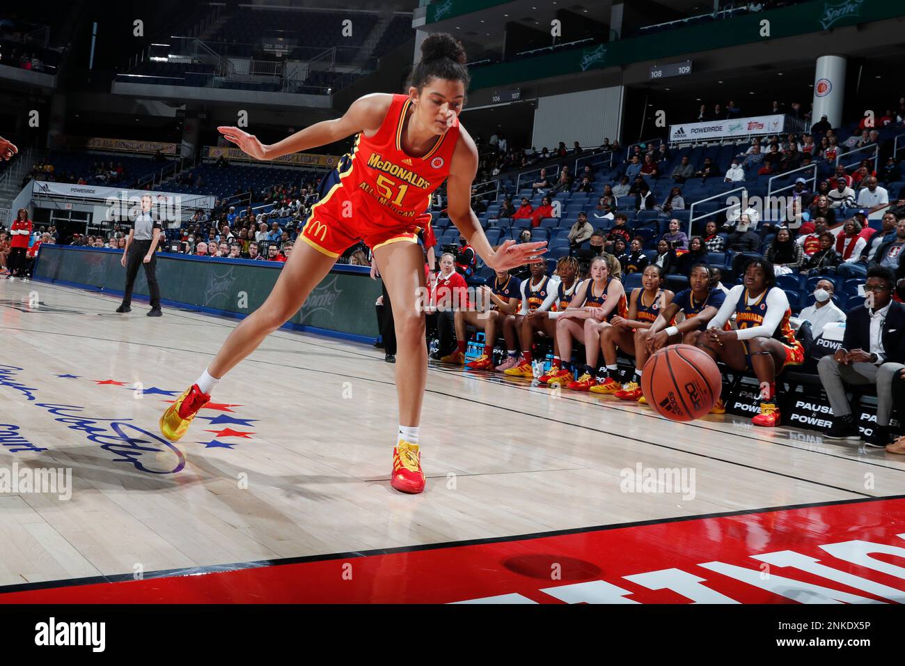 sCHICAGO, IL - MARCH 29: McDonalds High School All American Lauren Betts  (51) lets the ball go out of bounds during the 2022 McDonalds High School  All American Girls Game at Wintrust